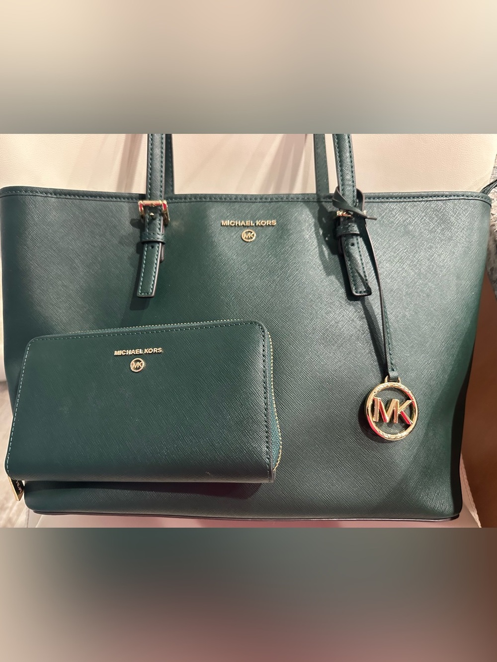 Michael Kors Dark Green Saffiano Tote with Matching Wallet